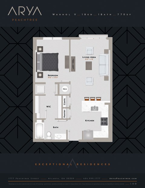 One Bedroom One Bath Warhol 5 floor plan at Arya Peachtree, Atlanta, Georgia